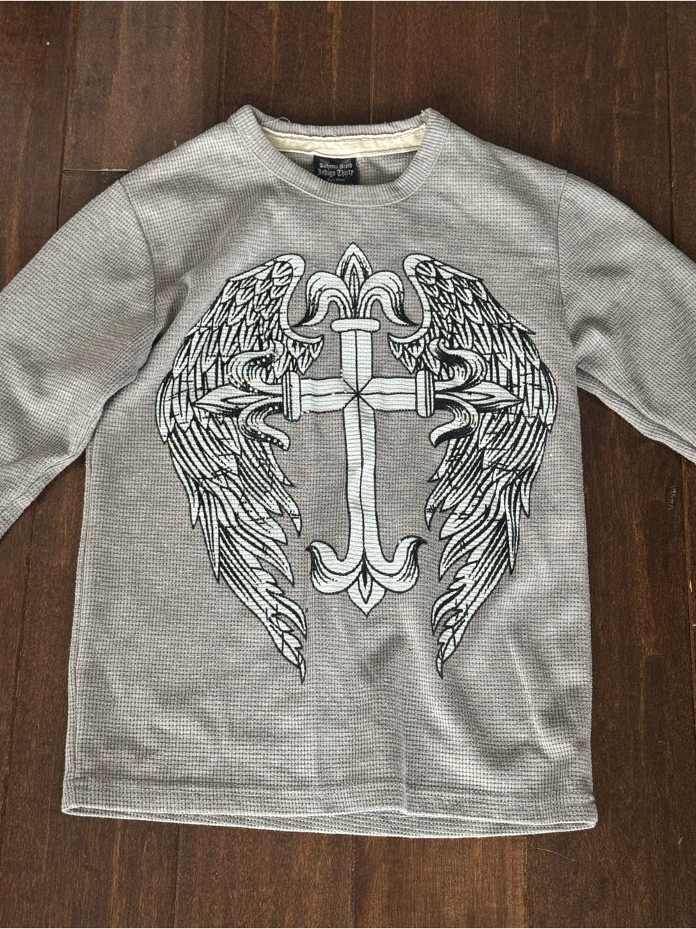 Grey Long-Sleeve Thermal Top with Winged Cross Graphic